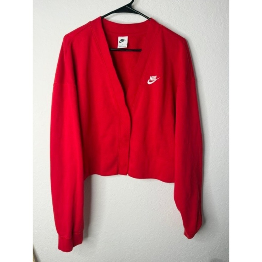 Nike Sportswear Women Red Fleece Cropped Cardigan V-Neck Snap Front Large